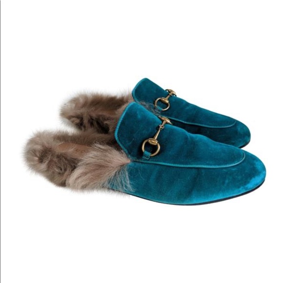 Gucci Teal Velvet Princeton Fur Lined Mules - Picture 1 of 6